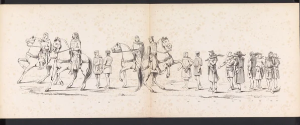 Maskerade van de Leidse studenten, 1865 (plaat 10) Gecostumeerde optogt gehouden door de leden van het Leidsche studenten-corps den 6den Junij 1865, ter viering van den 290sten verjaardag der Leidsche Hoogeschool, voorstellende: de intogt der Hollanders