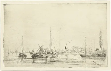 Riviergezicht met kerktoren