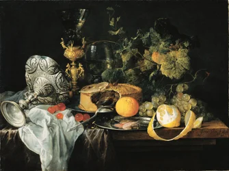 Duits: Prachtig stilleven met vruchten, taart en bekers Weelderig stilleven met vruchten, taart en bekers, 1651