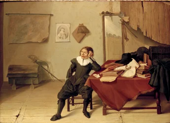 Interieur van een Kamer met een jonge Man zittend aan een Tafel