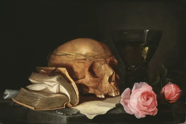 Vanitas Stilleven met een Schedel, een Boek en Rozen