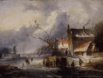 Een winterlandschap met schaatsers