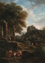 Een klassiek landschap met figuren op de voorgrond, ruïnes links en een figuur in het midden die een offer brengt