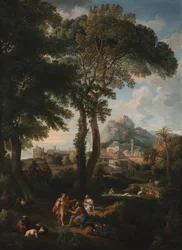 Een klassiek rivierlandschap met figuren die elkaar begroeten op een weg op de voorgrond, een uitzicht op een stad in de verte