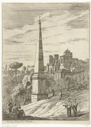 Italianiserend landschap met obelisk en gezicht op stad