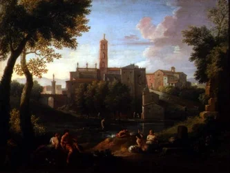 Landschap met figuren bij een stad