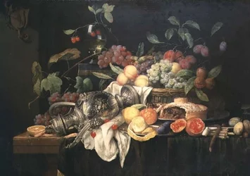 Stilleven met tinnen kruik, gehaktpastei en fruit