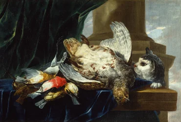 Een dode patrijs en andere vogels een stenen richel met een kat (olieverf op doek)