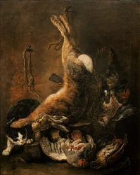 Een haas, duiven en ander wild met een kat