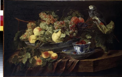 Stilleven met fruit en papegaai