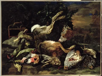 Stilleven met een haas, zangvogels en een vogelnet met een spaniël op de achtergrond