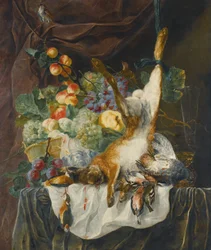 Stilleven van een haas, wild en zangvogels voor een stilleven van fruit in een mand op een richel