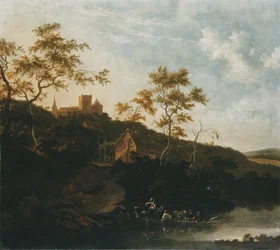 Een rivierlandschap met een heer te paard en boeren in een veerboot, een taverne onder een kasteel verderop