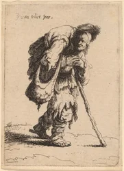 Bedelaar die een vrouw op zijn rug draagt