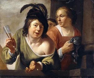 Een jonge drinker en een dienstmeid drinken op een balkon