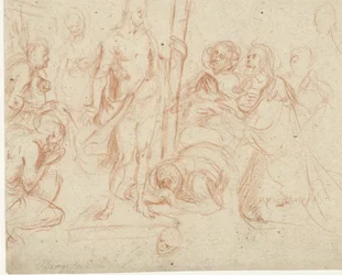 Christus met het kruis, omringd door knielende figuren