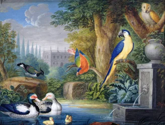 Exotische vogels in een sierlijke tuin, ca. 1650