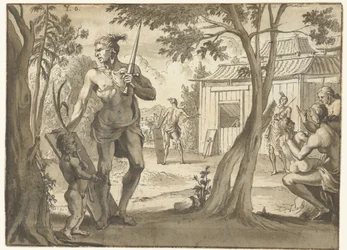 Mensen bij een houten gebouw