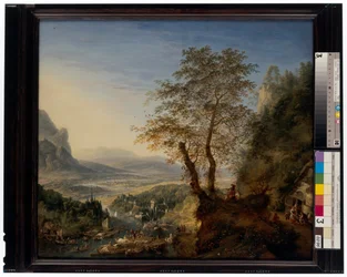 Een Uitgestrekt Rivierlandschap met Aangelegde Boten, Figuren en een Leger op Mars