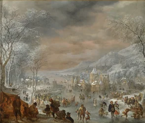 Winterlandschap met schaatsers, kerk en dorp langs de oever van een rivier