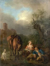 Landschap met figuren, een paard en een hond