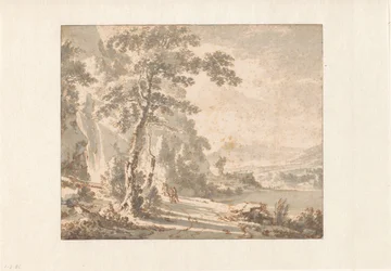 Landschap met reizigers te voet