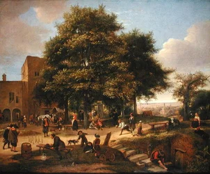 Een herberg op het platteland met kegelspeelers