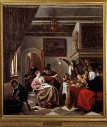 Zoals de ouden zongen, piepen de jongen Schilderij door Jan Steen (1626-1679) 1663 Montpellier, Musée Fabre