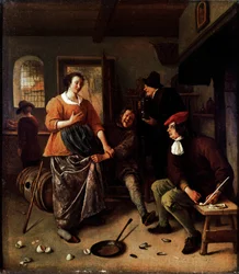 De gebroken eieren (binnen een herberg). Groep vrolijke personages in een Nederlandse keuken. De man die de rok van de vrouw optilt is een zelfportret van de schilder. Schilderij door Jan Havickszoon Steen (1665-1670)