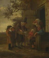 Een marskramer die brillen verkoopt buiten een huisje