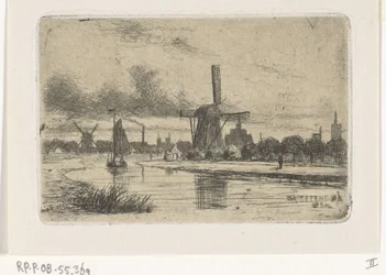 Rivierlandschap met molens