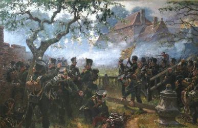 Nassau troepen bij Hougoumont tijdens de Slag bij Waterloo
