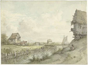Rivierlandschap met schetsende tekenaar tussen hutjes