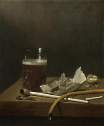 Stilleven met een glas bier, een pijp, tabak en andere benodigdheden voor het roken, 1658