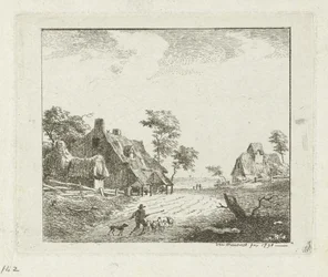 Landschap met herder en schapen bij twee boerderijen