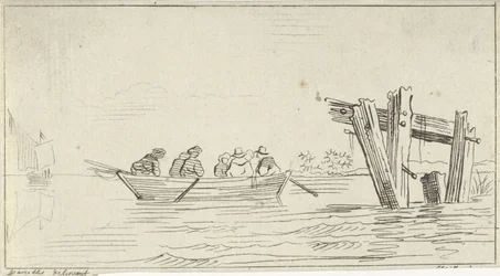 Roeiboot met figuren op een rivier