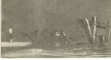 Roeiboot met figuren op een rivier