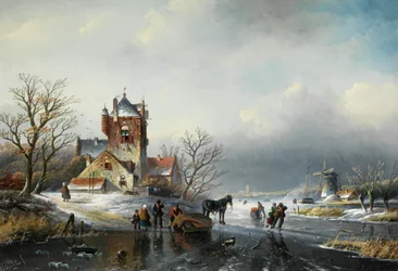 Jan Jacob Spohler Winterlandschap met molen en schaatsers