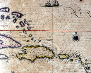 De Caraïben en Schildpadeiland (Noordwest van Santo Domingo) op een kaart door de Nederlandse cartograaf Jansson Janssonius. 17e eeuw