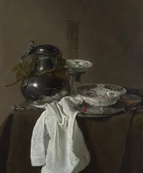 Stilleven met een tinnen kan en twee Ming kommen, 1651