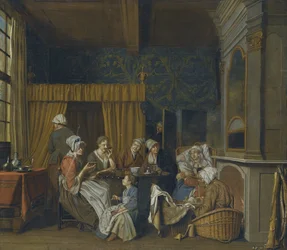 Een familie drinkt thee terwijl ze de geboorte van een tweeling vieren