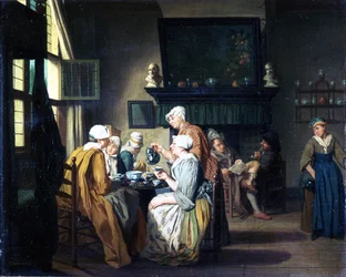 Bourgeois Interieur met Dames die Thee Drinken, een Man die Leest bij de Open Haard