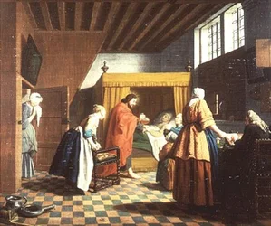 De bezoeken van de dokter - Een Nederlands spreekwoord: De dokter wordt afgebeeld als Christus (een van een set van vier)