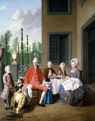 Groepsportret van de familie van den Bosch, dineren bij een huis, een tuin met topiary op de achtergrond, 1777