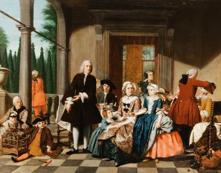 Portret van een familie die dineert op een portiek, een formele tuin daarachter, 1747