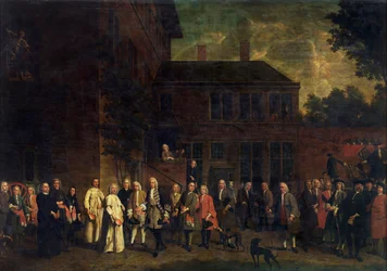 De leden van het schermersgilde verwelkomen de abt van Sint-Michiels