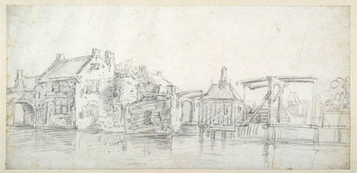 Een kanaal met gebouwen, waaronder een tolhuis en een tolbrug, ca. 1650