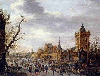 Een Uitzicht op Kasteel Batestein Vianen, in de Winter met een Heer, zijn Vrouw en Gevolg die Wintersporten op het IJs Bekijken