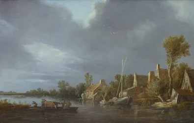 Een Dorp bij een Rivier met Boeren en Vee op een Veerboot