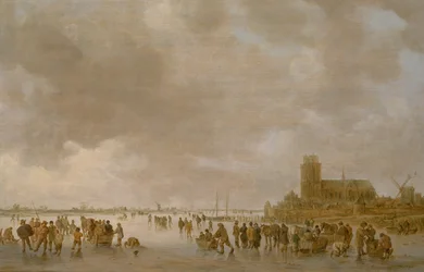 Een winterlandschap met schaatsende figuren op het ijs